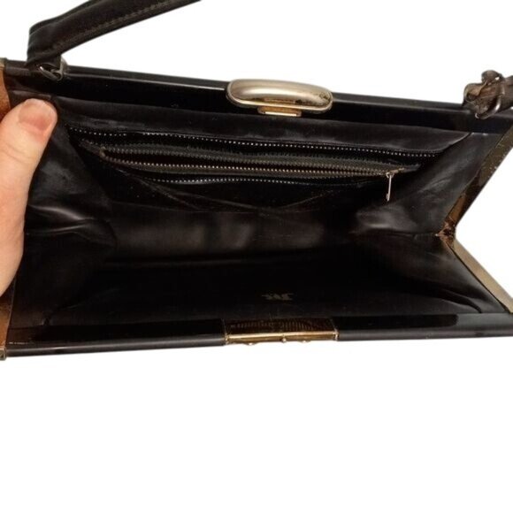 JR Julius Resnick Black Patent Vinyl Handle Bag Kiss-Lock Closure Vintage 1960s - Picture 6 of 7
